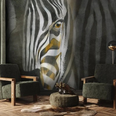 Tapet Zebra Interrupted, cu un design captivant și o zebră în detaliu. Această tapetă este ideală pentru a adăuga un strop de sălbăticie în orice încăpere.