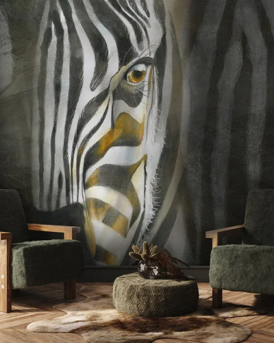 Tapet Zebra Interrupted, cu un design captivant și o zebră în detaliu. Această tapetă este ideală pentru a adăuga un strop de sălbăticie în orice încăpere.