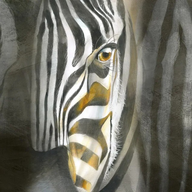 Tapet Zebra Interrupted, cu un design captivant și o zebră în detaliu. Această tapetă este ideală pentru a adăuga un strop de sălbăticie în orice încăpere.