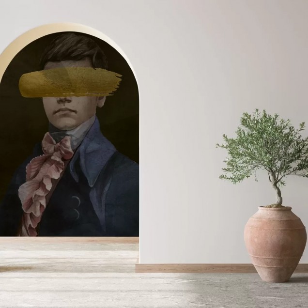 Tapet de perete cu design modern și intrigant, imagine cu portretul unui bărbat cu o pată aurie peste ochi