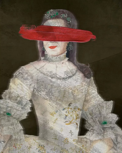 Wallpaper cu o femeie în rochie albă cu o bandă roșie peste ochi, pe un fundal vintage