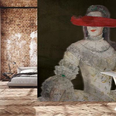 Wallpaper cu o femeie în rochie albă cu o bandă roșie peste ochi, pe un fundal vintage