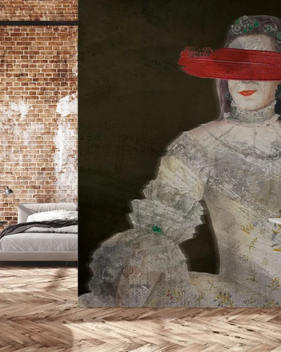 Wallpaper cu o femeie în rochie albă cu o bandă roșie peste ochi, pe un fundal vintage