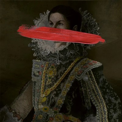 Fototapet artistic cu portret feminin și tușă roșie