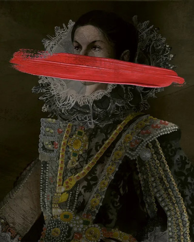 Fototapet artistic cu portret feminin și tușă roșie