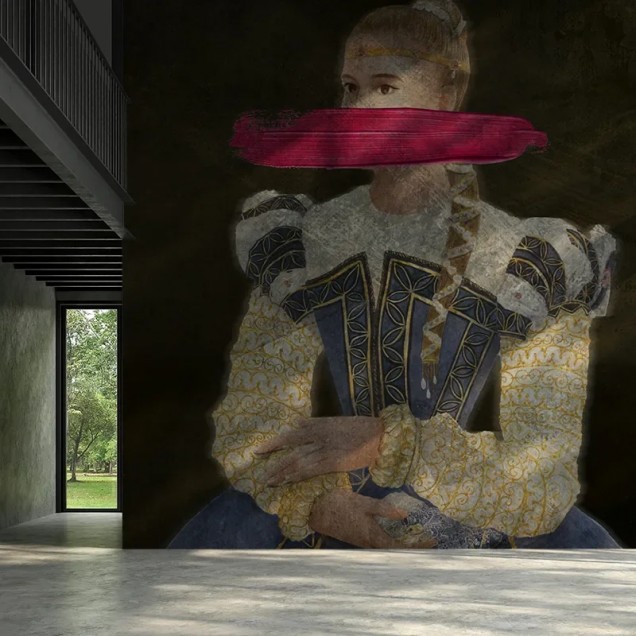 Tapet modern cu design artistic, o femeie înveșmântată într-o rochie elaborată, cu o pată de culoare vibrantă care îi acoperă fața.