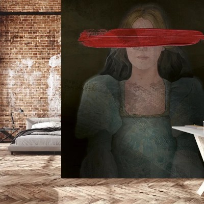 Tapet cu design modern, minimalist, cu o femeie misterioasă cu ochii acoperiți de o pensulă roșie.