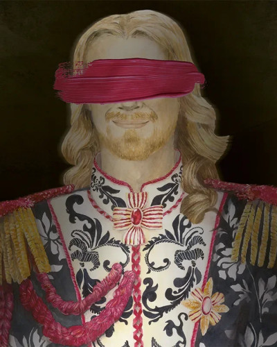 Fototapet cu un portret enigmatic, cu ochii acoperiți de o bandă roșie vibrantă