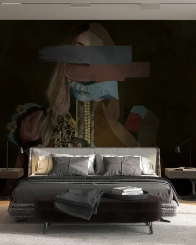 Tapet modern cu un design abstract, culori vibrante și o textură grafică.