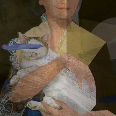 Tapet modern cu un design abstract, ce prezintă o femeie cu o pisică.