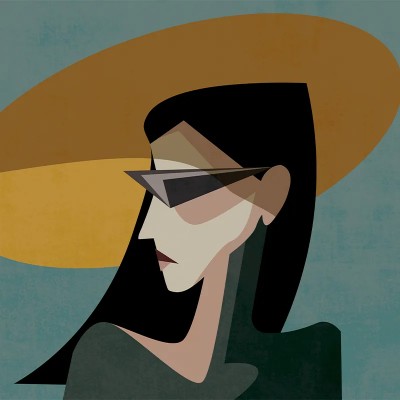 Tapet modern cu design abstract, o femeie cu ochelari de soare și pălărie.