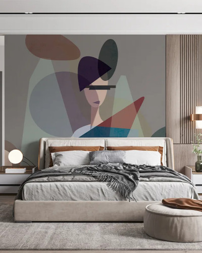 Tapet abstract cu o imagine de femeie și forme geometrice. Design minimalist pentru dormitor.