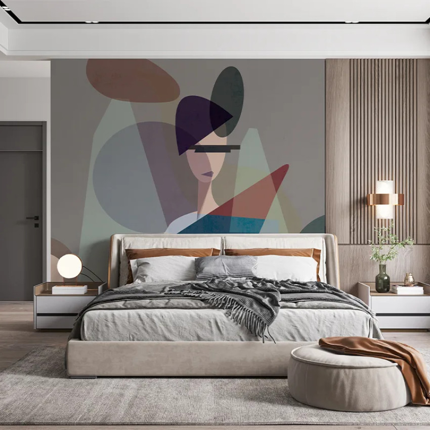 Tapet abstract cu o imagine de femeie și forme geometrice. Design minimalist pentru dormitor.