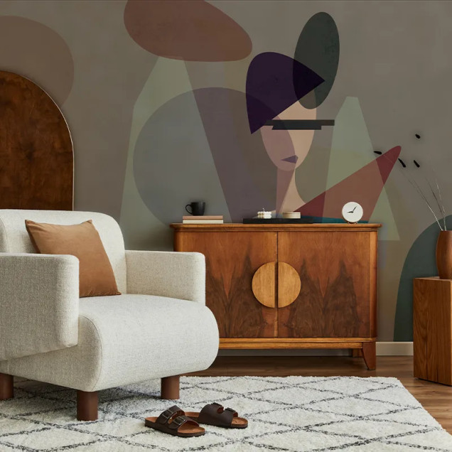 Tapet abstract cu o imagine de femeie și forme geometrice. Design minimalist pentru dormitor.