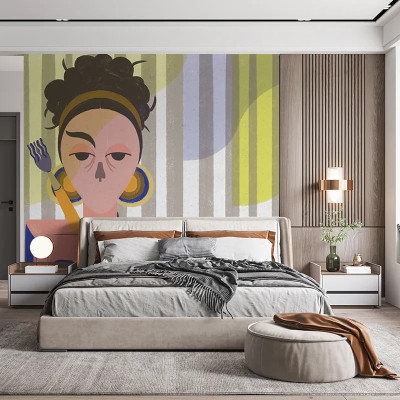 Fototapet personalizat cu un design artistic modern într-un dormitor elegant.
