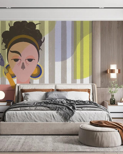 Fototapet personalizat cu un design artistic modern într-un dormitor elegant.