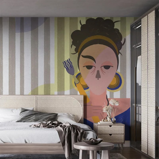 Fototapet personalizat cu un design artistic modern într-un dormitor elegant.