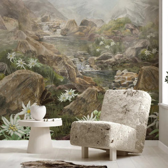 Tapet cu peisaj montan, cascade și flori de colț