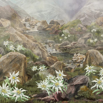 Tapet cu peisaj montan, cascade și flori de colț