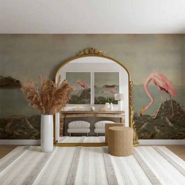 Fototapet personalizat cu flamingo într-un peisaj exotic