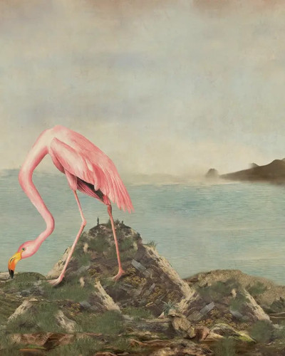 Fototapet personalizat cu flamingo într-un peisaj exotic