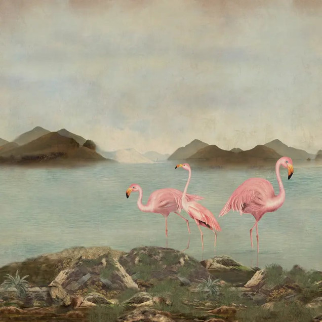 Fototapet personalizat cu flamingo într-un peisaj exotic