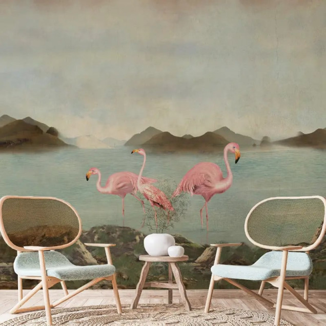 Fototapet personalizat cu flamingo într-un peisaj exotic