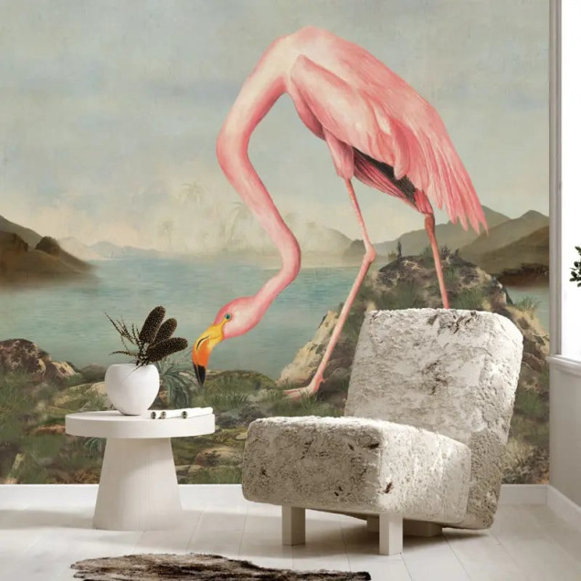 Fototapet personalizat cu flamingo într-un peisaj exotic