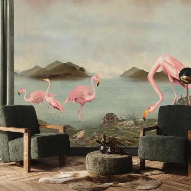 Fototapet personalizat cu flamingo într-un peisaj exotic