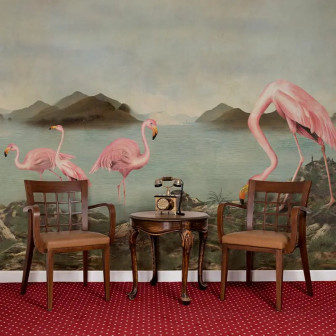 Fototapet personalizat cu flamingo într-un peisaj exotic