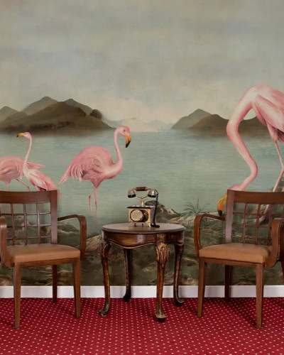 Fototapet personalizat cu flamingo într-un peisaj exotic