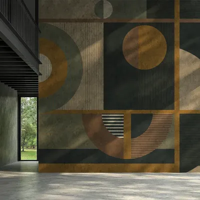 Tapet geometric abstract cu cercuri, linii drepte și dungi în tonuri neutre și calde.