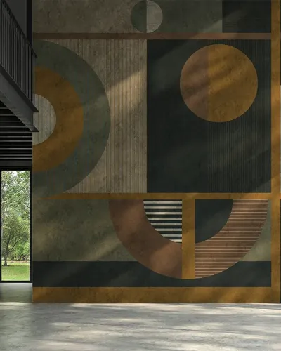 Tapet geometric abstract cu cercuri, linii drepte și dungi în tonuri neutre și calde.