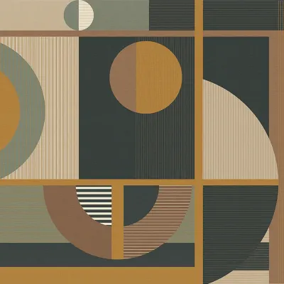 Tapet geometric abstract cu cercuri, linii drepte și dungi în tonuri neutre și calde.