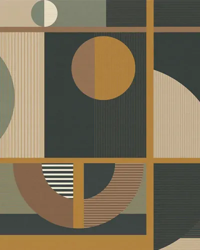 Tapet geometric abstract cu cercuri, linii drepte și dungi în tonuri neutre și calde.