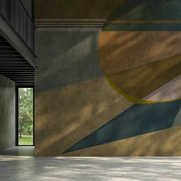 Tapet geometric modern cu nuanțe pastelate de galben, verde teal și gri, în livingul unei case moderne.