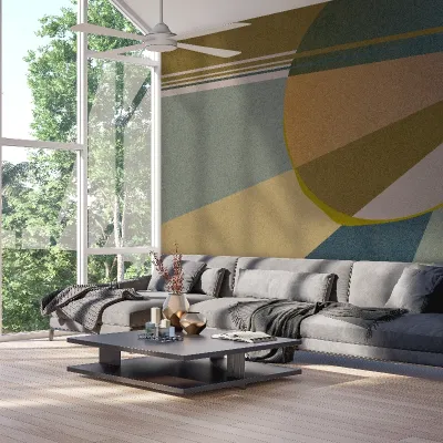 Tapet geometric modern cu nuanțe pastelate de galben, verde teal și gri, în livingul unei case moderne.