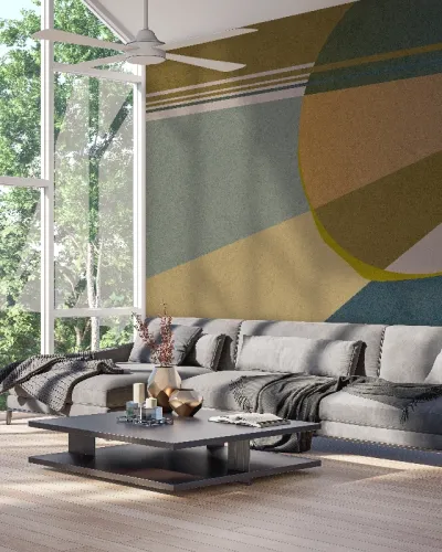 Tapet geometric modern cu nuanțe pastelate de galben, verde teal și gri, în livingul unei case moderne.