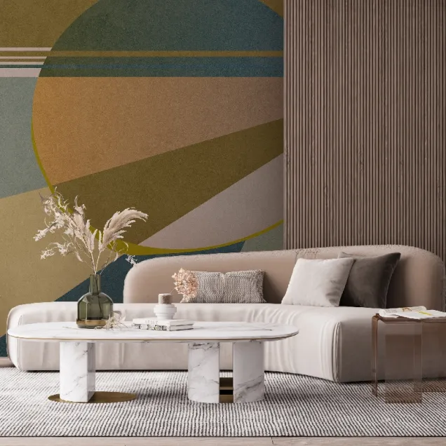 Tapet geometric modern cu nuanțe pastelate de galben, verde teal și gri, în livingul unei case moderne.