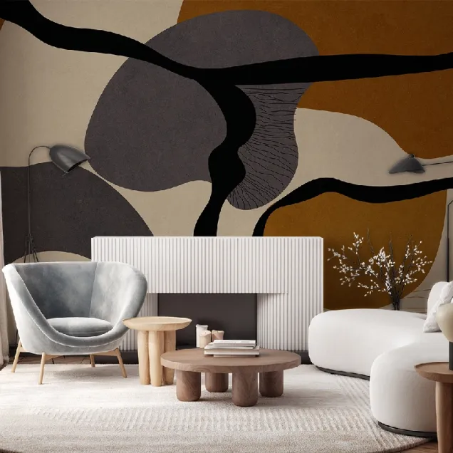 Tapet cu design abstract în nuanțe de teracotă, gri și negru