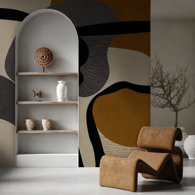Tapet cu design abstract în nuanțe de teracotă, gri și negru