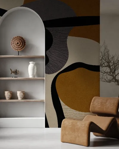 Tapet cu design abstract în nuanțe de teracotă, gri și negru