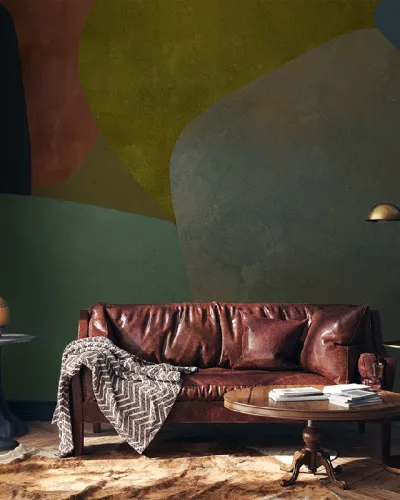 Tapet abstract cu forme geometrice în nuanțe de verde, maro și auriu, perfect pentru living, dormitor sau birou.