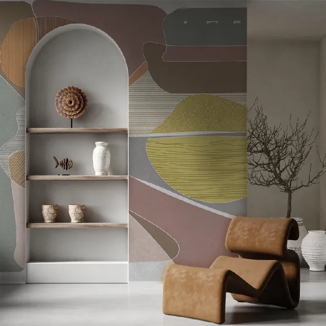 Tapet cu linii geometrice și culori pastelate, perfect pentru a crea un spațiu relaxant și elegant.