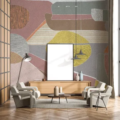 Tapet cu linii geometrice și culori pastelate, perfect pentru a crea un spațiu relaxant și elegant.