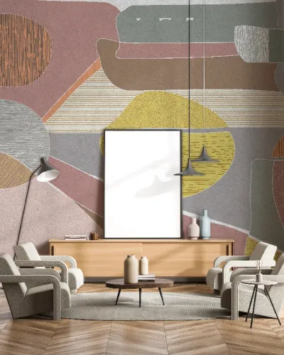 Tapet cu linii geometrice și culori pastelate, perfect pentru a crea un spațiu relaxant și elegant.