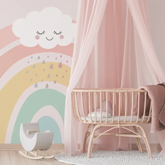 Tapet cu curcubeu pastel și nori pentru camera copiilor