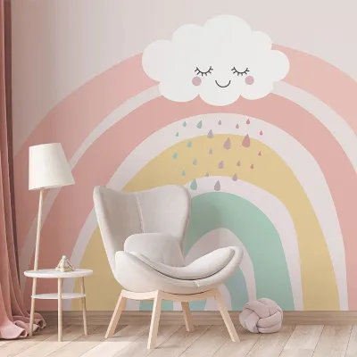 Tapet cu curcubeu pastel și nori pentru camera copiilor