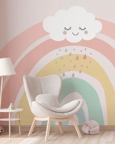 Tapet cu curcubeu pastel și nori pentru camera copiilor