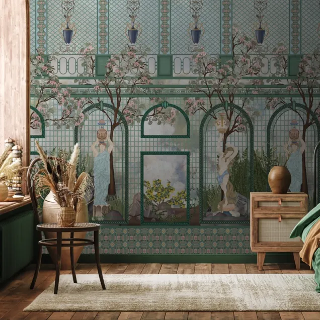 Wallpaper personalizat cu design geometric elegant și o freză clasică cu flori delicate